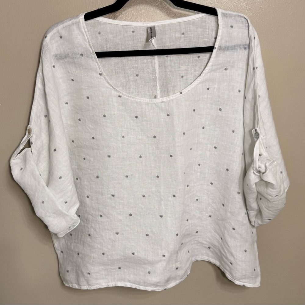 White linen Blouse with grey star pattern made in Italy roll sleeves beachy boho